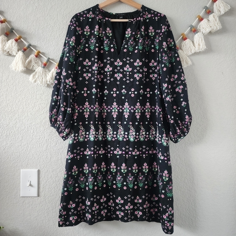 Ann Taylor Garden Floral Stripe Split Neck Shift Dress Linen Cottage Feminine M